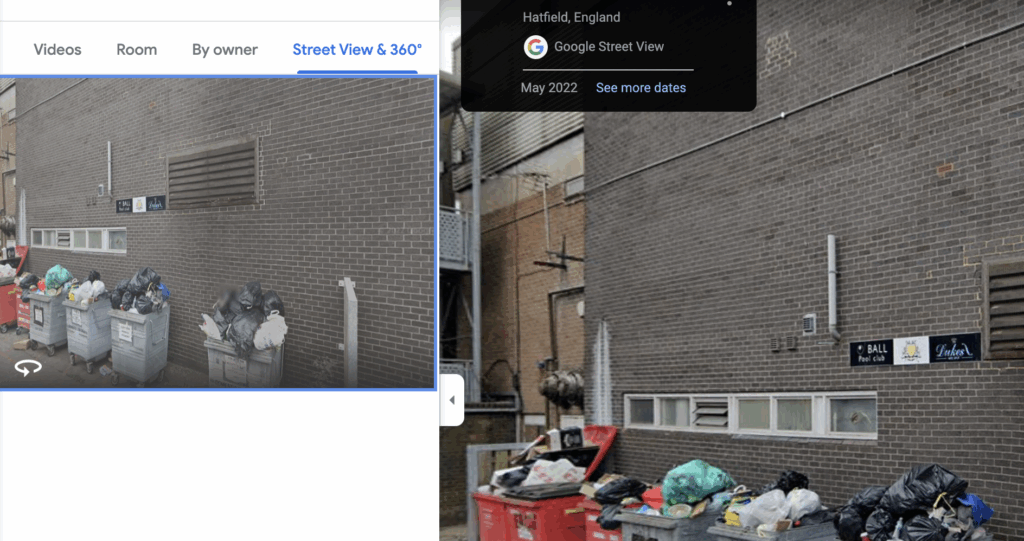 Google Street View example of a business profile showing the back entrance and the rubbish bins.