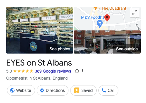 Google Knowledge Box extract for EYES on St Albans showing 389 Google reviews