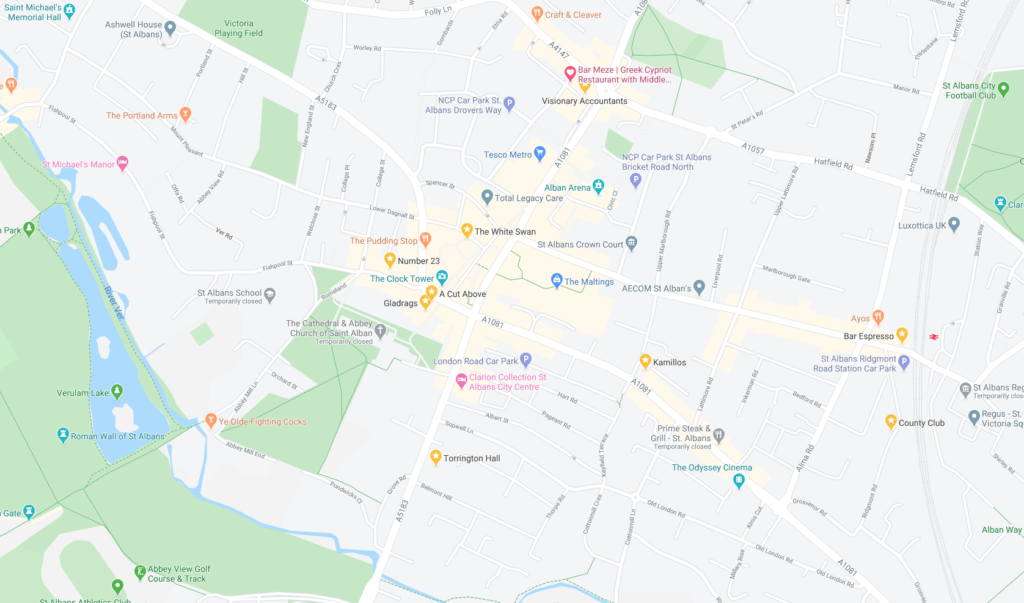 Screenshot of St Albans on Google Maps showing businesses, landmarks, organisations, areas etc inline with the text