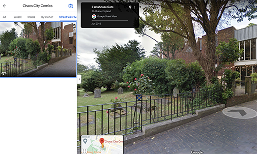 Chaos City Comics in St Albans Google Street View image on their Google Business Profile showing an image of a graveyard