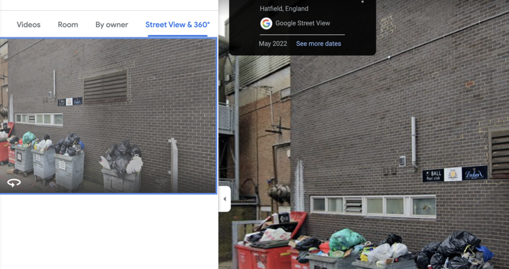 Google Street View example of a business profile showing the back entrance and the rubbish bins. 