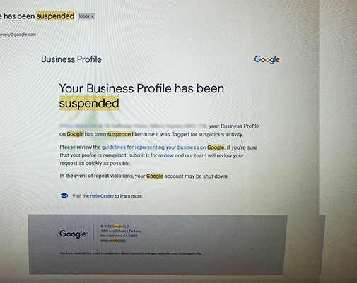 A photo of an email showing your business profile has been suspended.