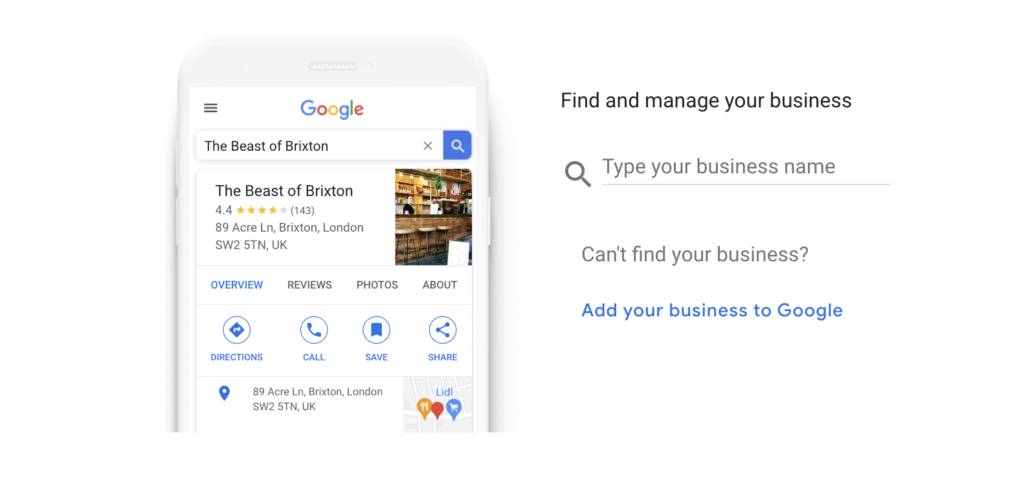 A screenshot showing 'Find and manage your business' on Google. 